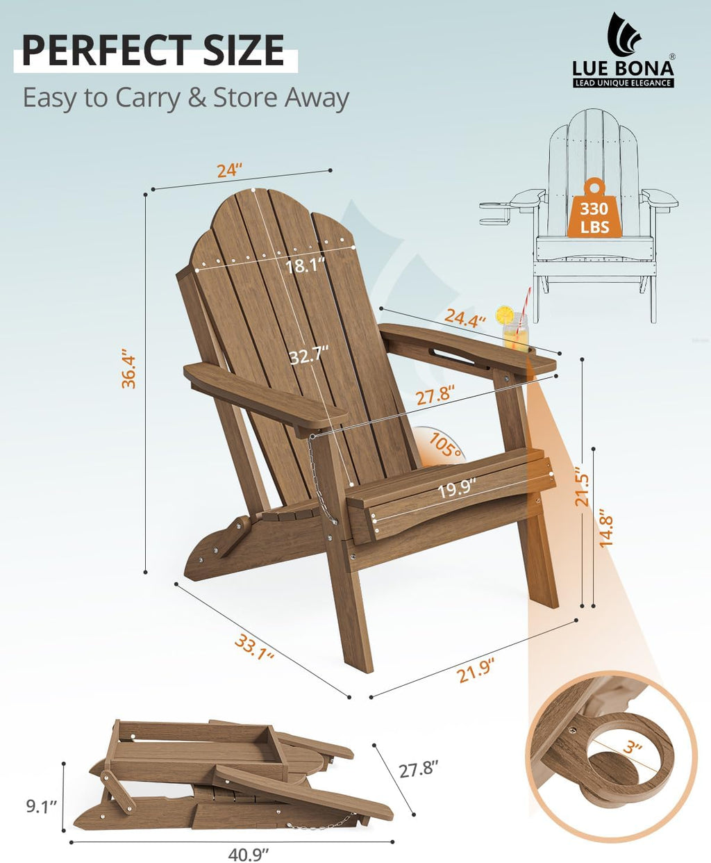 LUE BONA HDPE Folding Adirondack Chair, Cup Holder, Set of 2, Brown