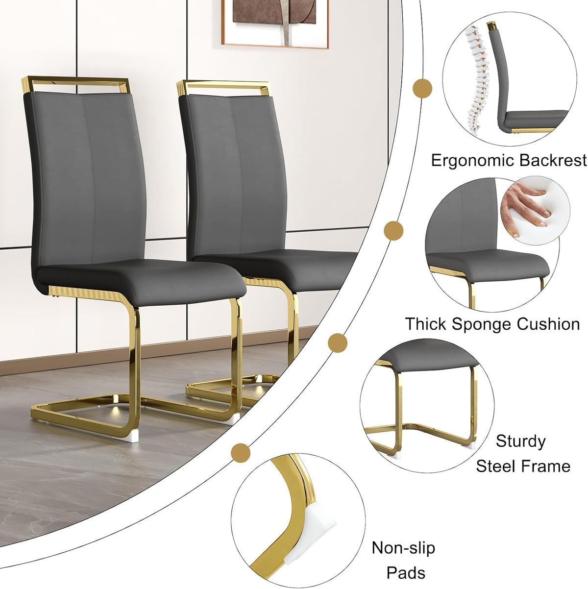 Modern Dining Table Set for 4, 55'' Dining Room Table Set with 4 Faux Leather Chairs, White Wood Tabletop with Gold Metal Legs, Suitable for Small Space