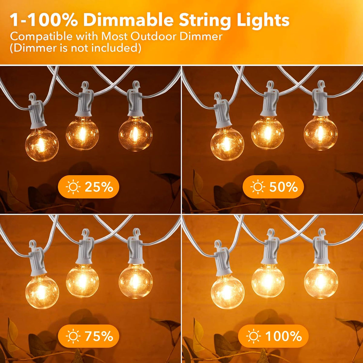 outdoor string lights, 50ft 25 led bulbs ip65, front angle view