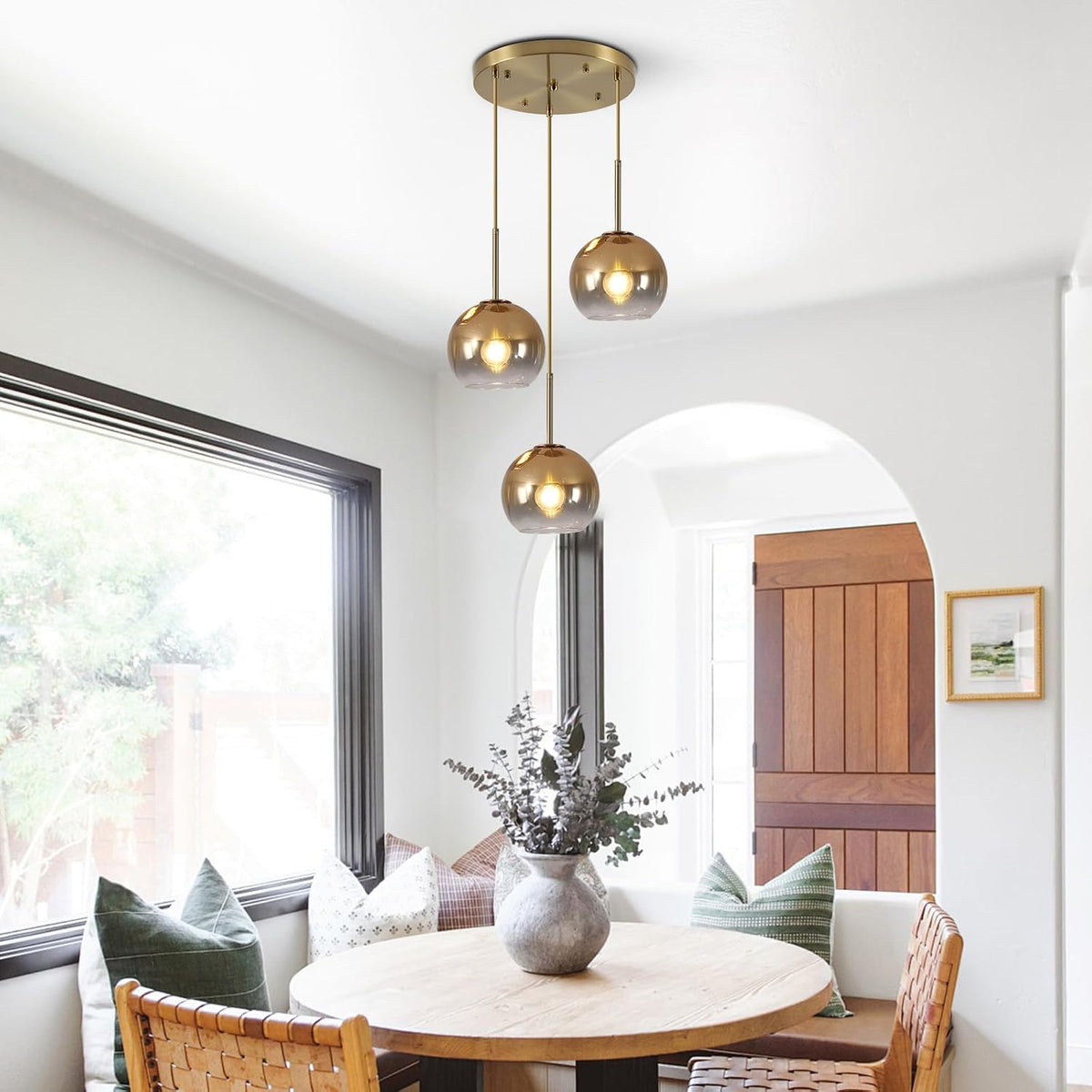 KCO Mid Century Modern 3 Light Gradient Gold Glass Globe Cluster Chandelier