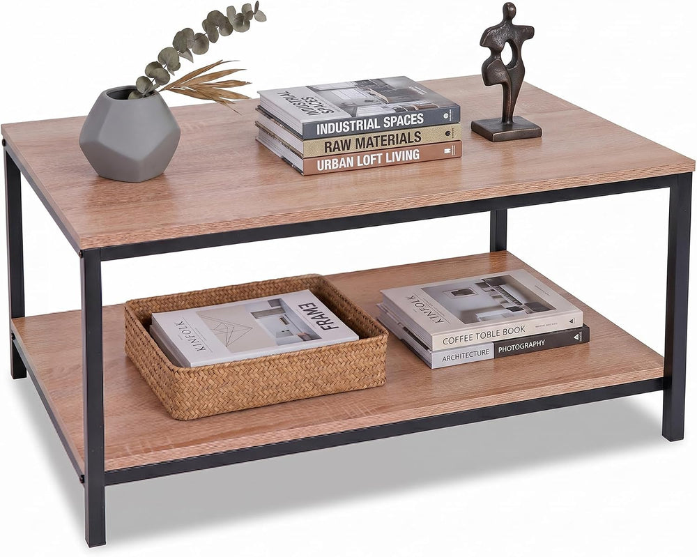 SUPER DEAL 2-Tier Industrial Coffee Table with Storage Shelf for Small Apartm...