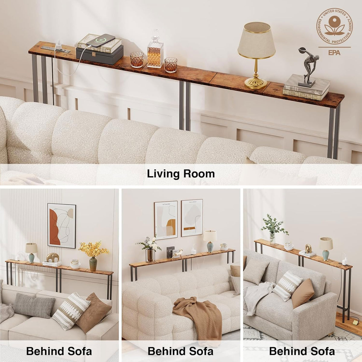 Keelian 70" Narrow Console Sofa Table with Power Outlets & 2 USB Ports