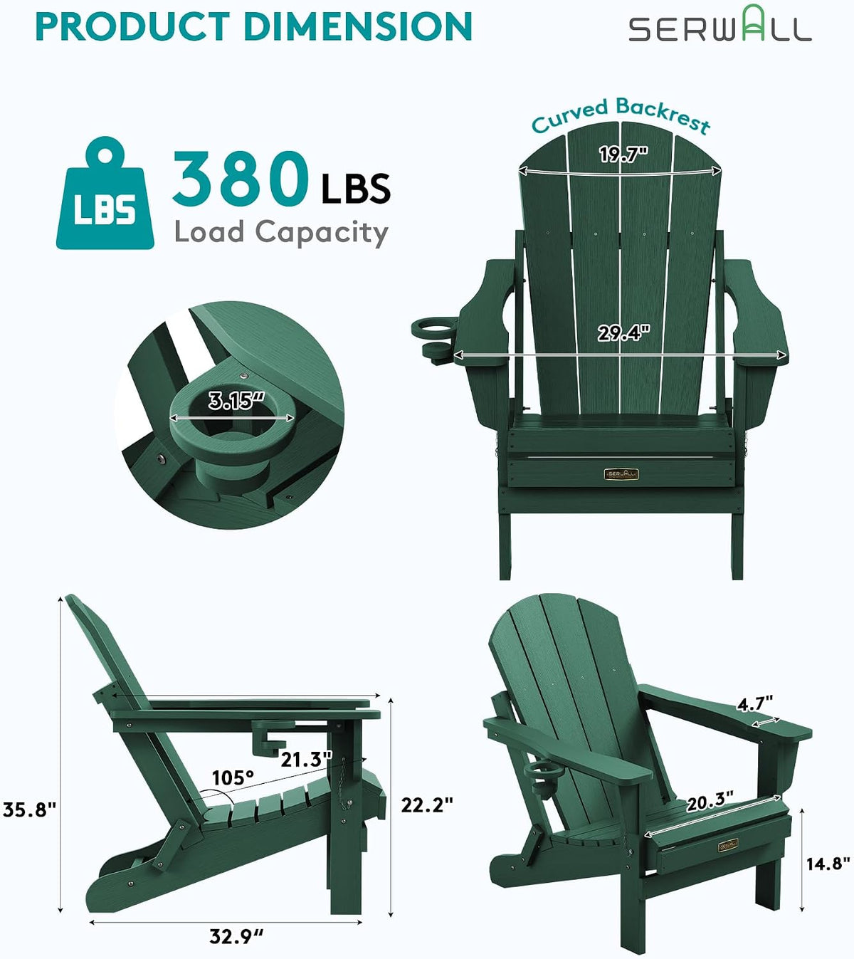 SERWALL Folding Adirondacks Chair Set of 6 with Cup Holder for Patio- Green