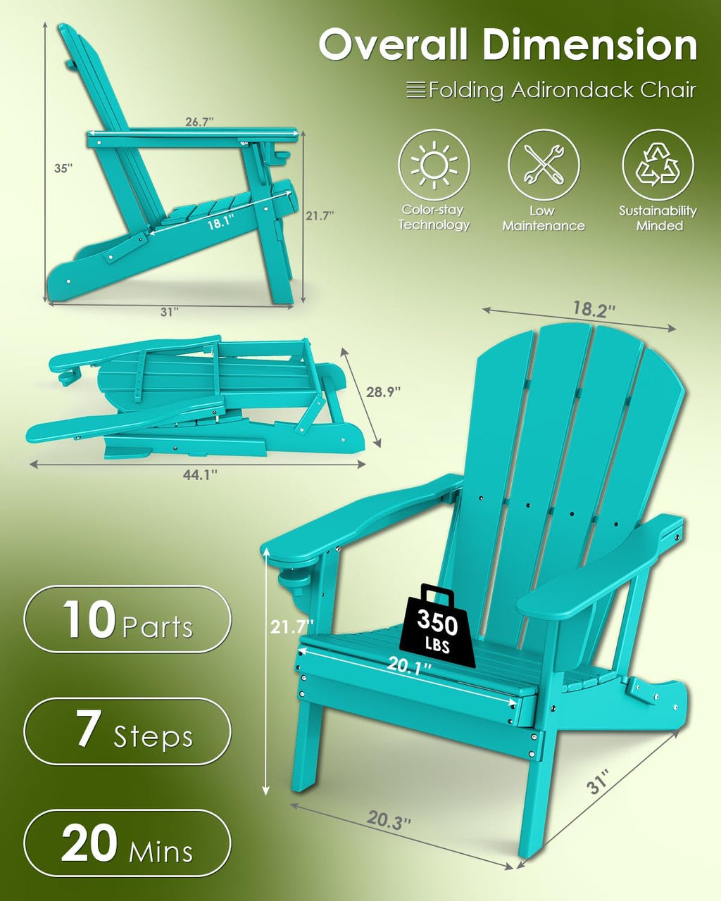 GREENVINES Folding Adirondack Chair w/Cup Holder, HDPE, Aqua