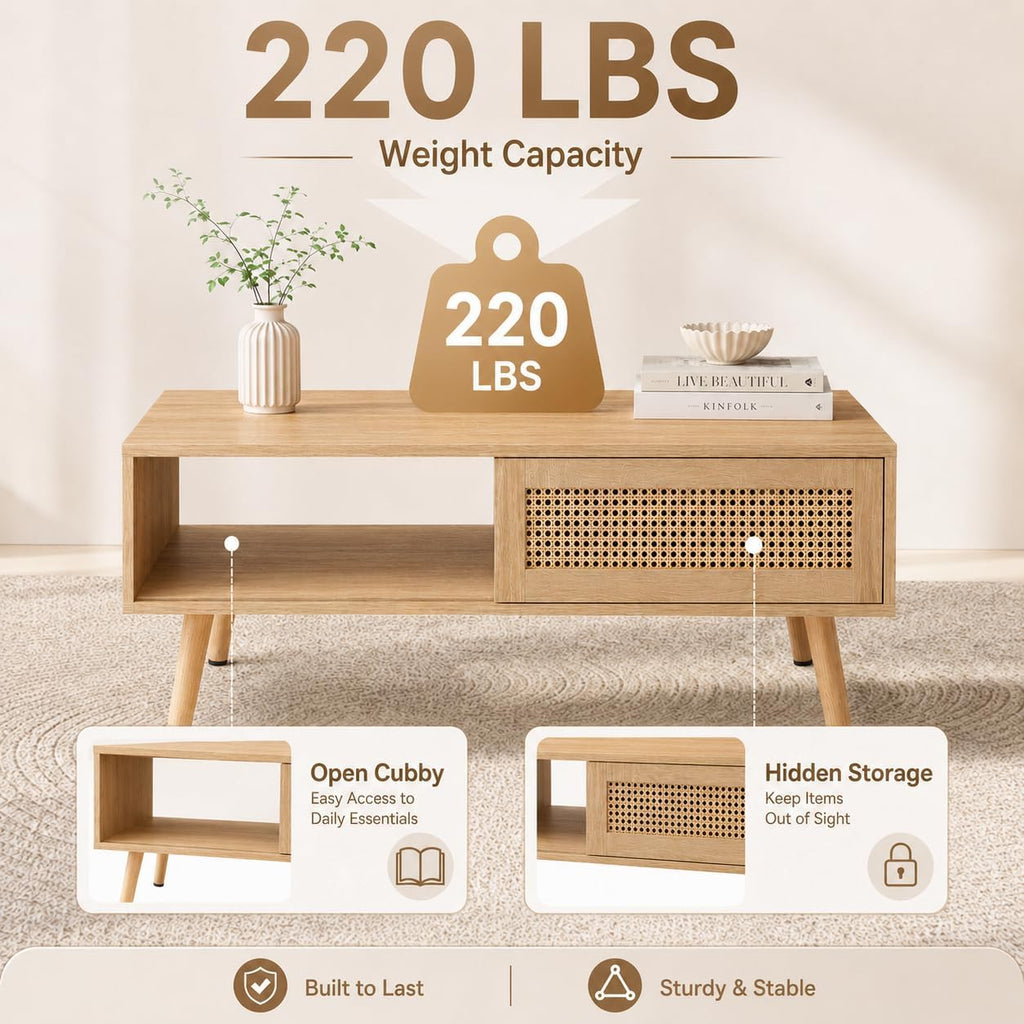Rattan Coffee Table with Sliding Storage Door, 41.34'' Rectangular Wood Center Table with Solid Wood Legs, Modern Boho Living Room Coffee Table for Apartment, Light Wood