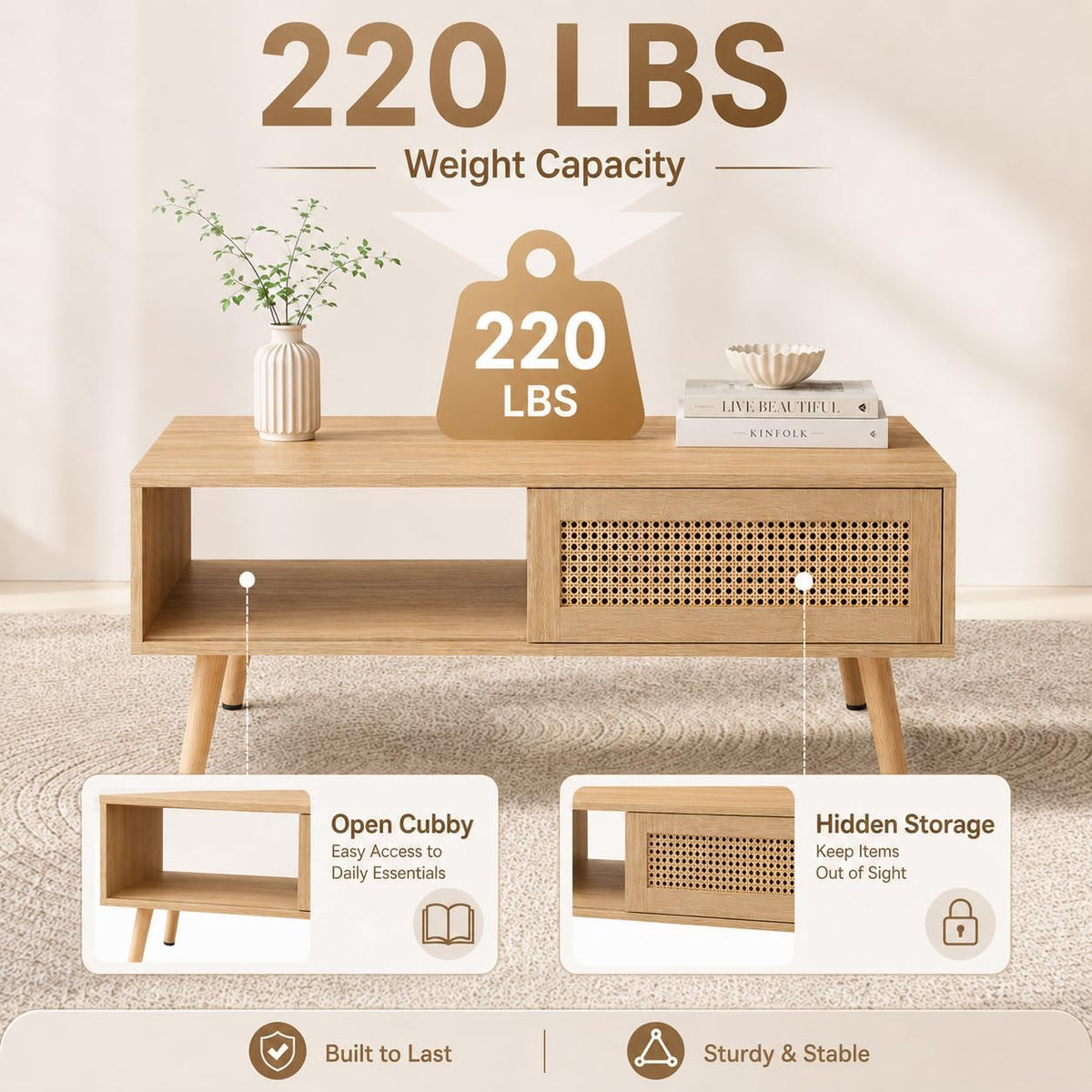 Rattan Coffee Table with Sliding Storage Door, 41.34'' Rectangular Wood Center Table with Solid Wood Legs, Modern Boho Living Room Coffee Table for Apartment, Light Wood