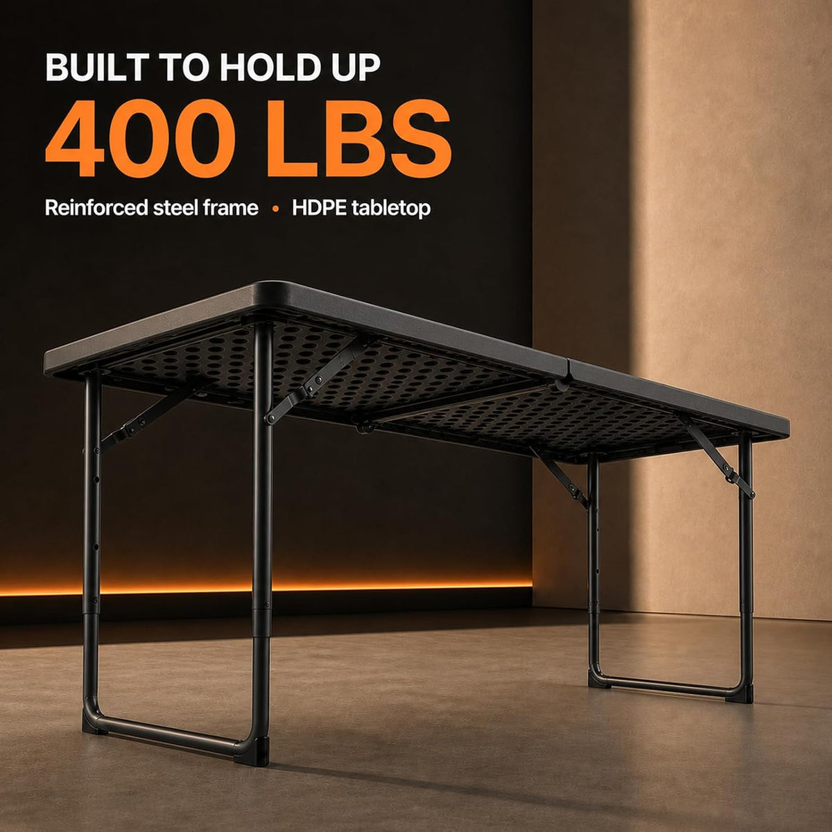 4FT Folding Table 3 Levels Adjustable Height, Heavy Duty Fold-in-Half Portable Table, 400 lbs Capacity Foldable Table for Party Dining Camping Events Picnic Outdoor Indoor Use