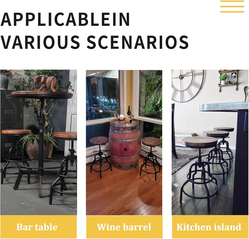 LOKKHAN Vintage Industrial Bar Stool-Rustic Swivel Barstools-Round Wood Metal Base-Kitchen Counter Height Adjustable Pipe Stool-Cast Steel Chairs 20-27 Inch (Set of 2)