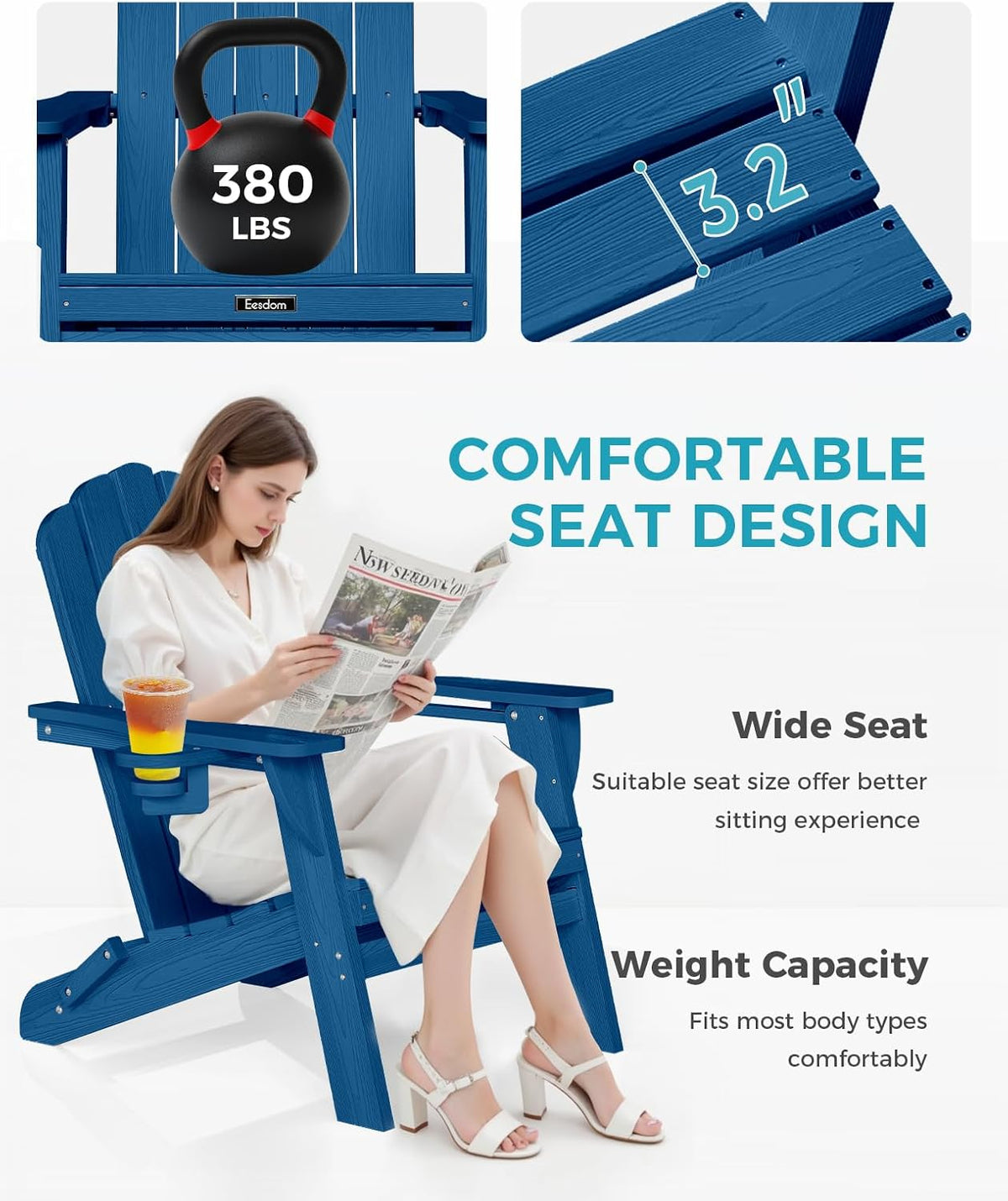 Folding Adirondack Chair, All-Weather HDPE Patio Chair with 2 Cup Holders