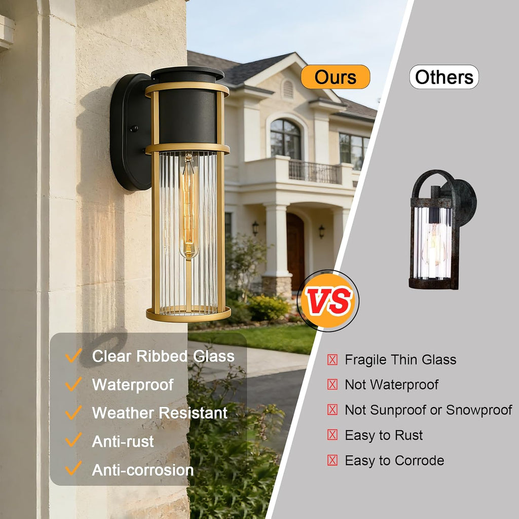 ALVIME 2 Pack Modern Gold & Black Outdoor Wall Sconces, 15 Inch Waterproof Exterior Wall Lanterns with Clear Ribbed Glass, Wall Mount Porch Lights for Front Door Garage Patio