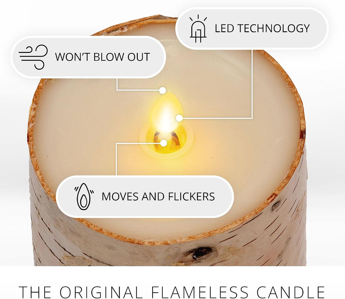 Luminara Real Birch Bark Wrapped Flameless LED Candle, 3.5" x 4.5", Battery Operated Moving Flame Pillar Light with Timer - Natural Decor Unscented