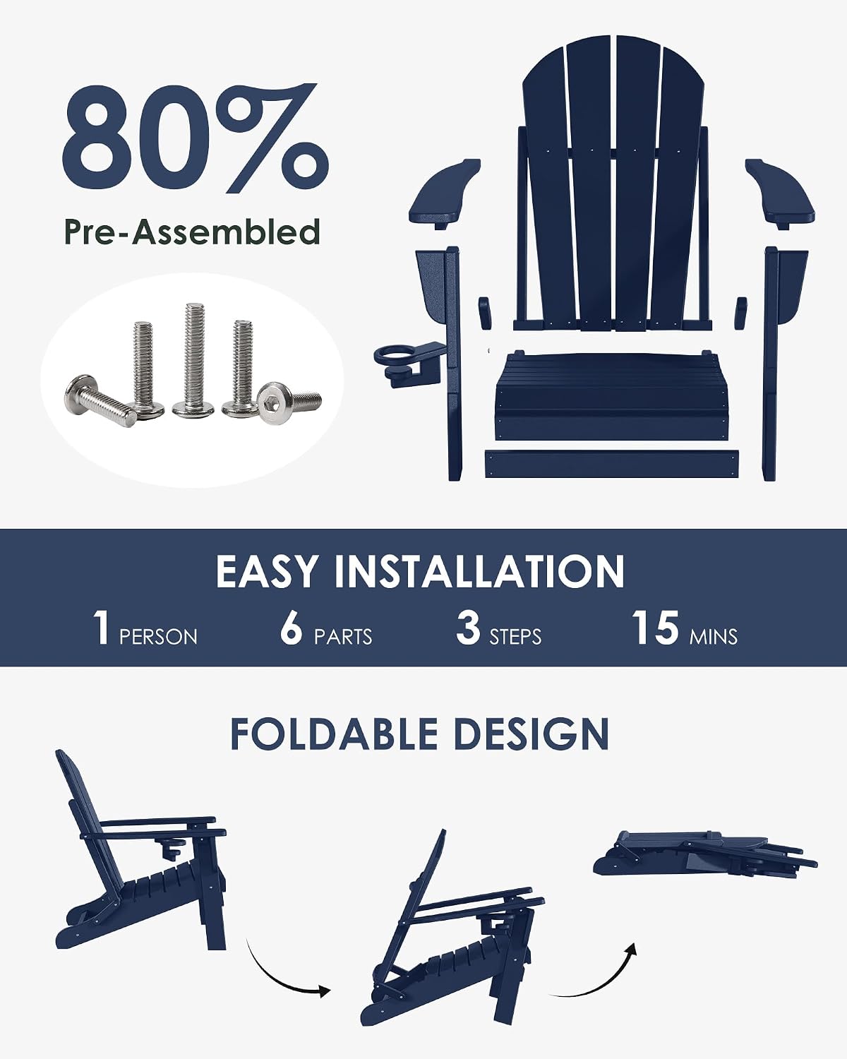 Folding Adirondack Chairs, All-Weather Resistant HDPE Patio Firepit Chairs, Sturdy Outside Chairs with Cup Holder, Lawn Chairs, 80% Pre-Installed Load Capacity 385lb, Navy Blue