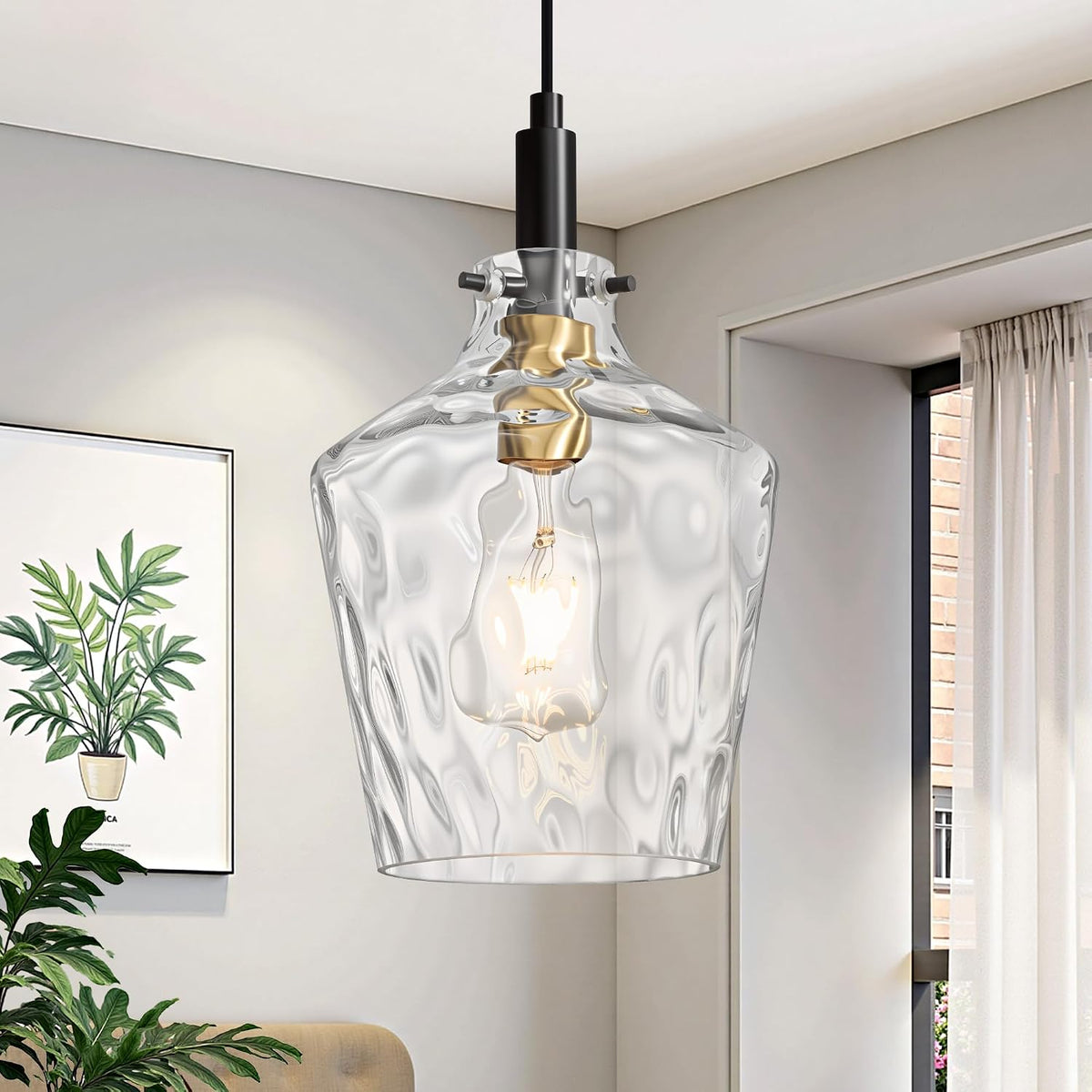 Hammered Glass Pendant Light for Kitchen Island 1 Pack Black Gold 8 Inch
