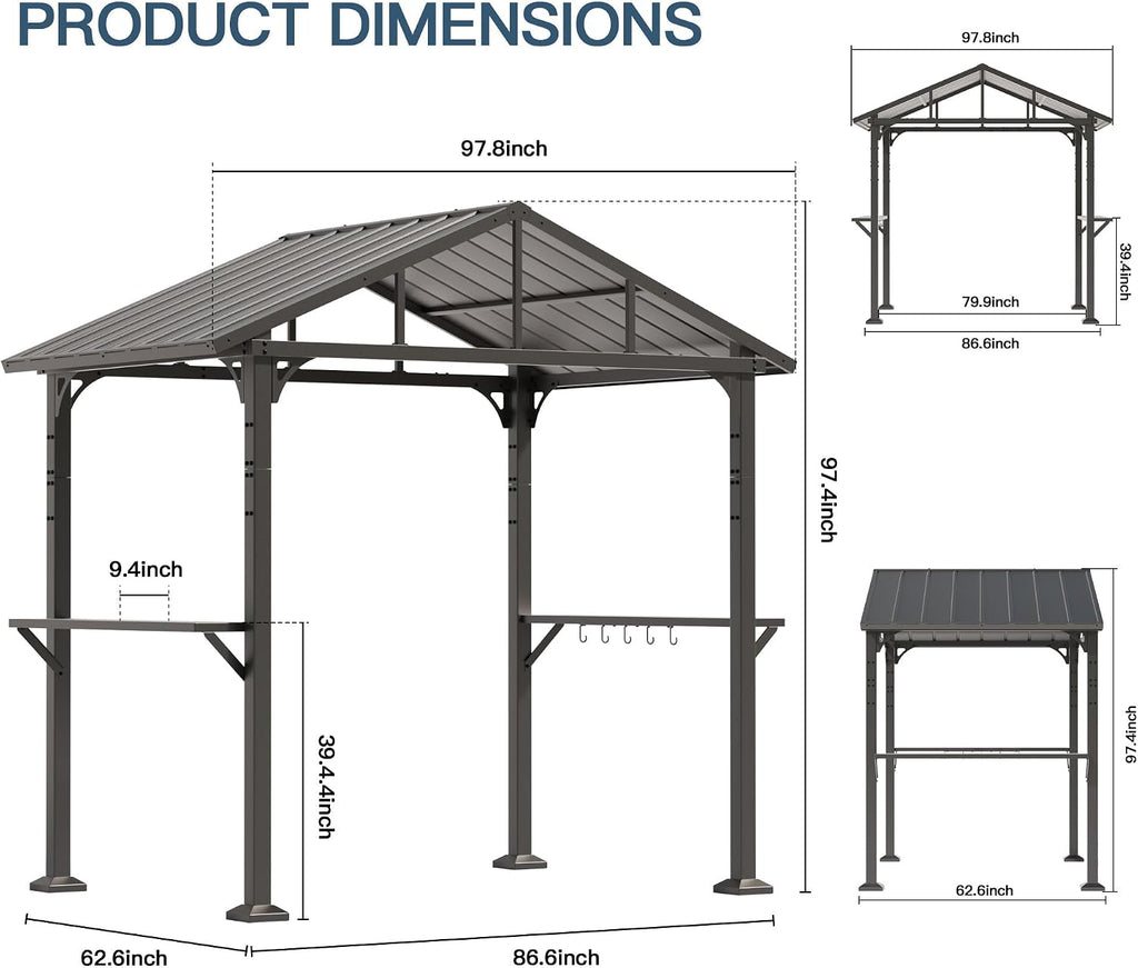 Kullavik 8'x5' Hardtop Grill Gazebo,BBQ Gazebo Canopy for Outdoor Grill