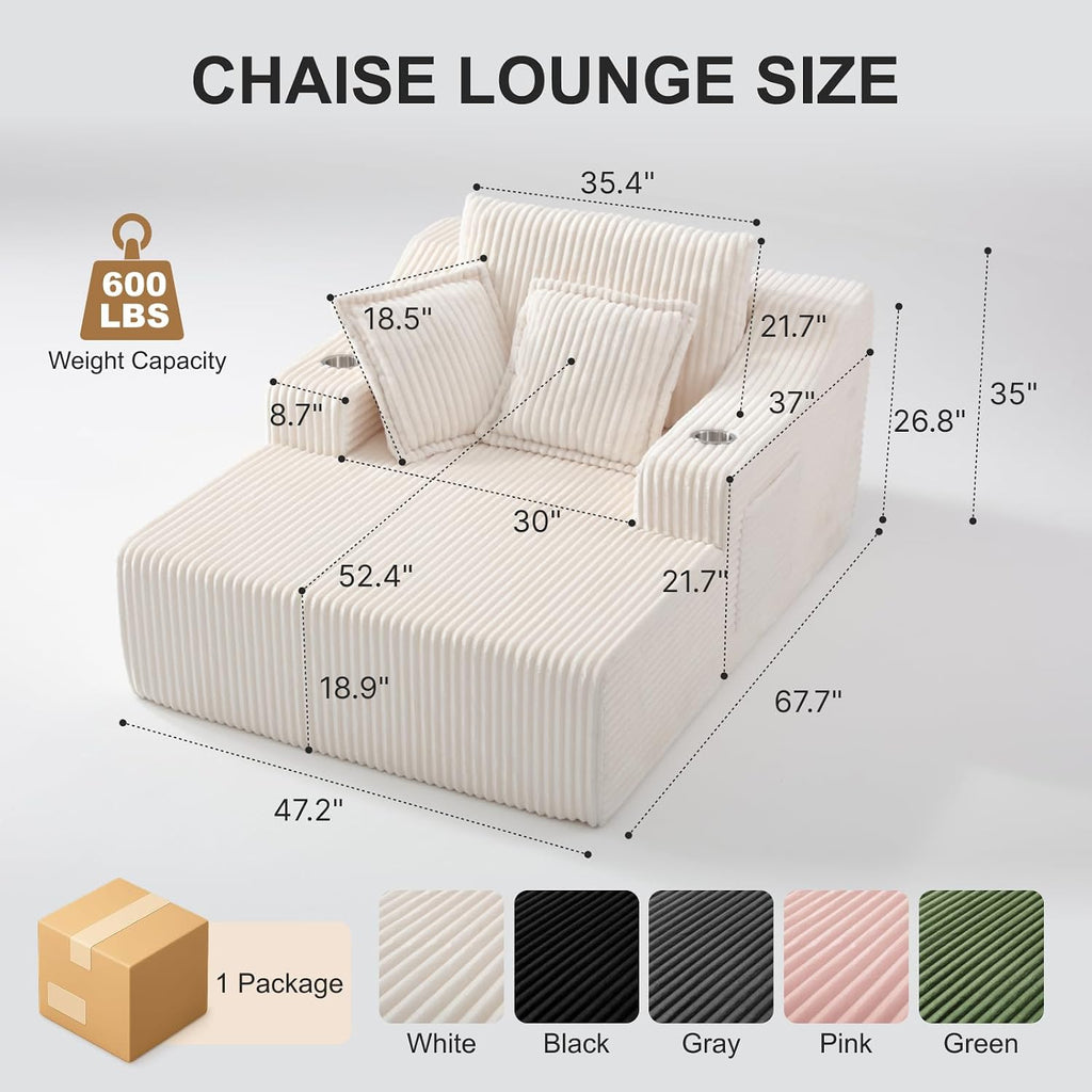 67" Oversized Chaise Lounge Chair Indoor, Boneless Chair with Cup Holders