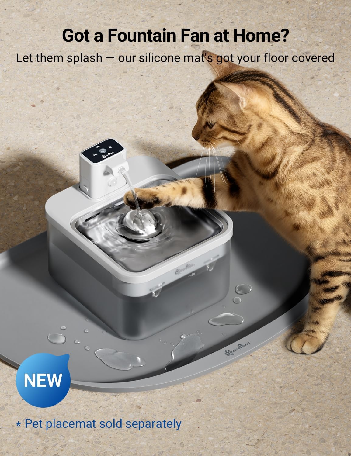 DownyPaws Cat Water Fountain Cordless, Pet Fountain, 84oz/2.5L, White Pro