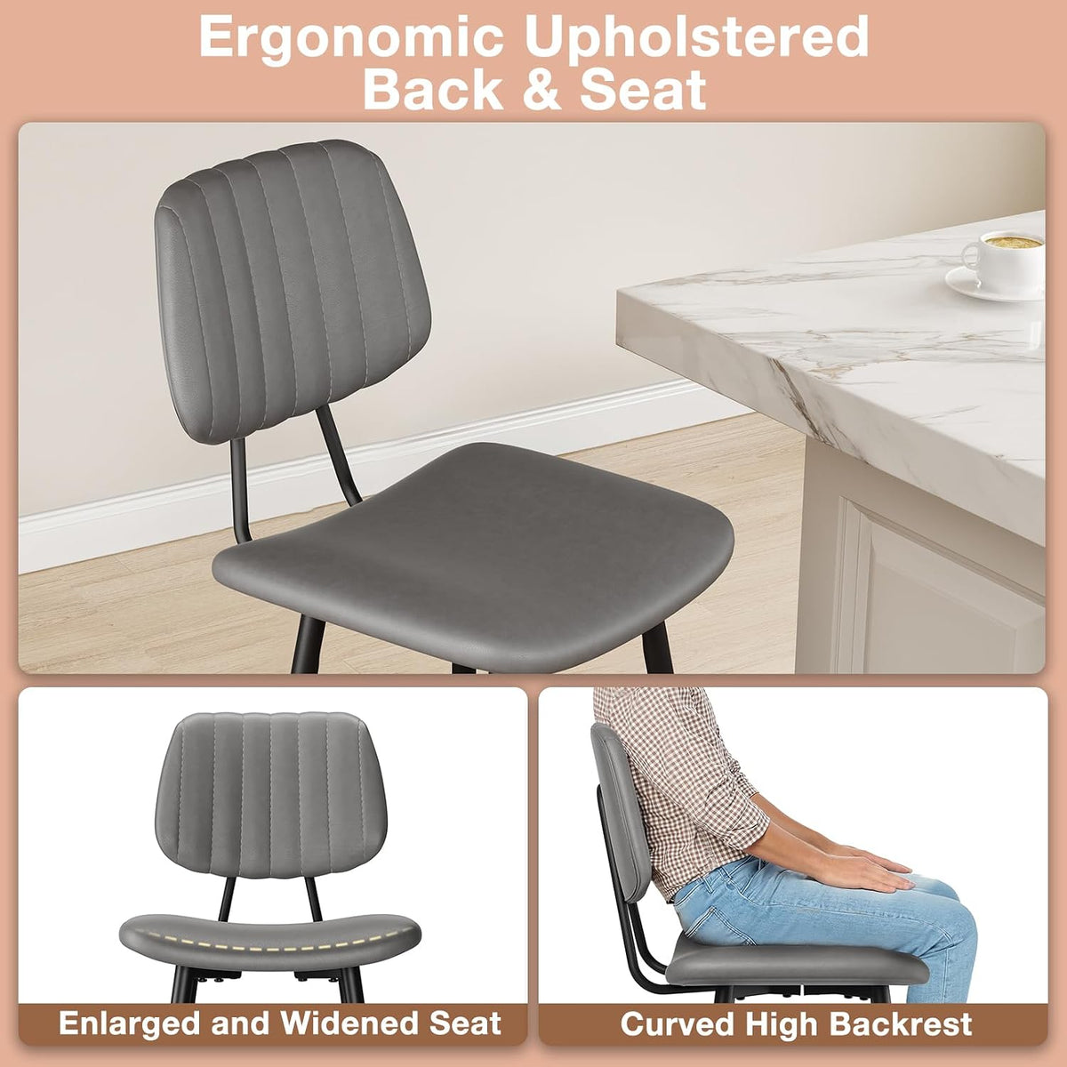 Raynesys 29-Inch Leather Bar Stools Set of 3 with High Backrest, Grey