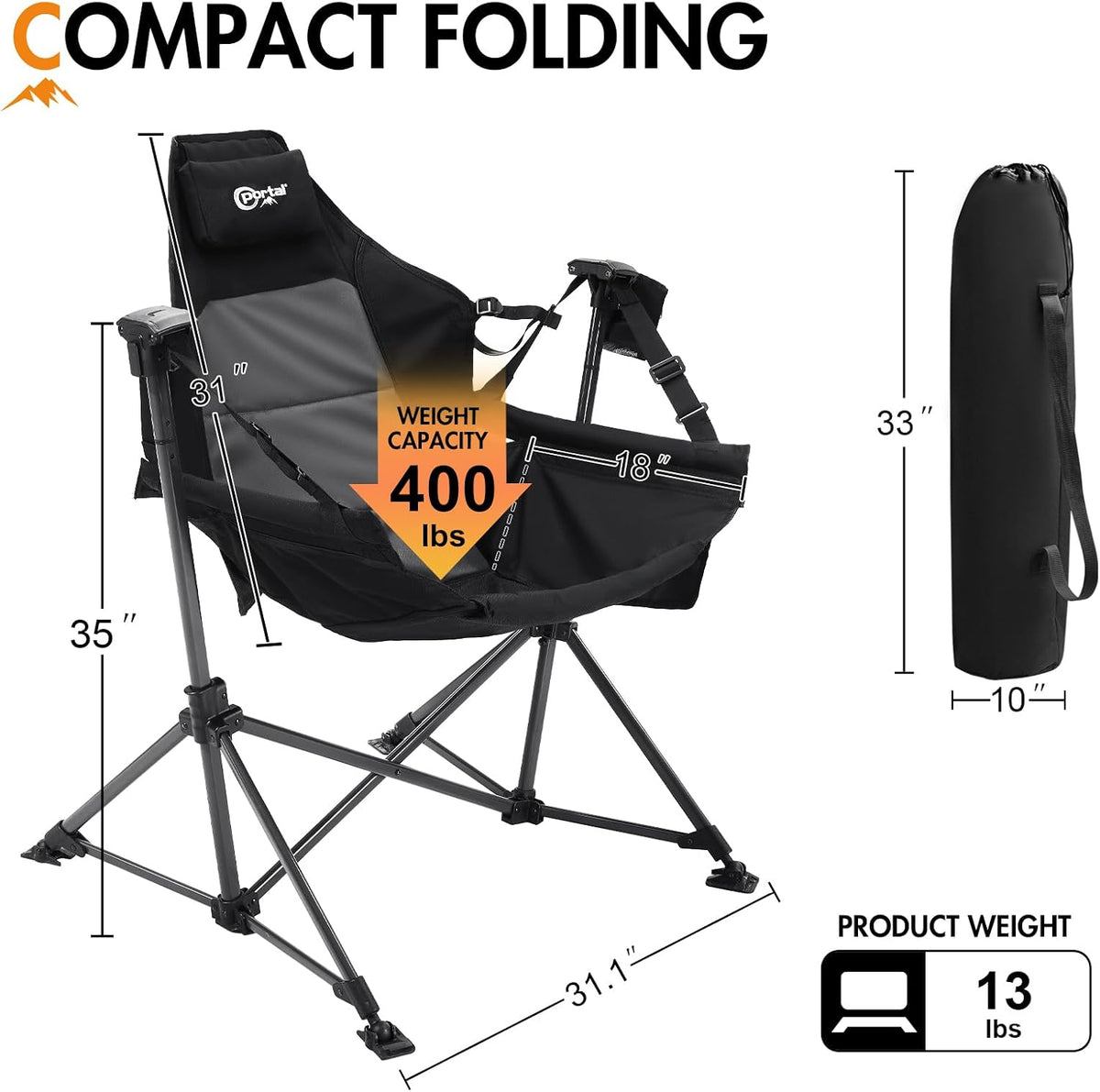Portal Hammock Camping Chair,Adjustable Recline Backrest,Black