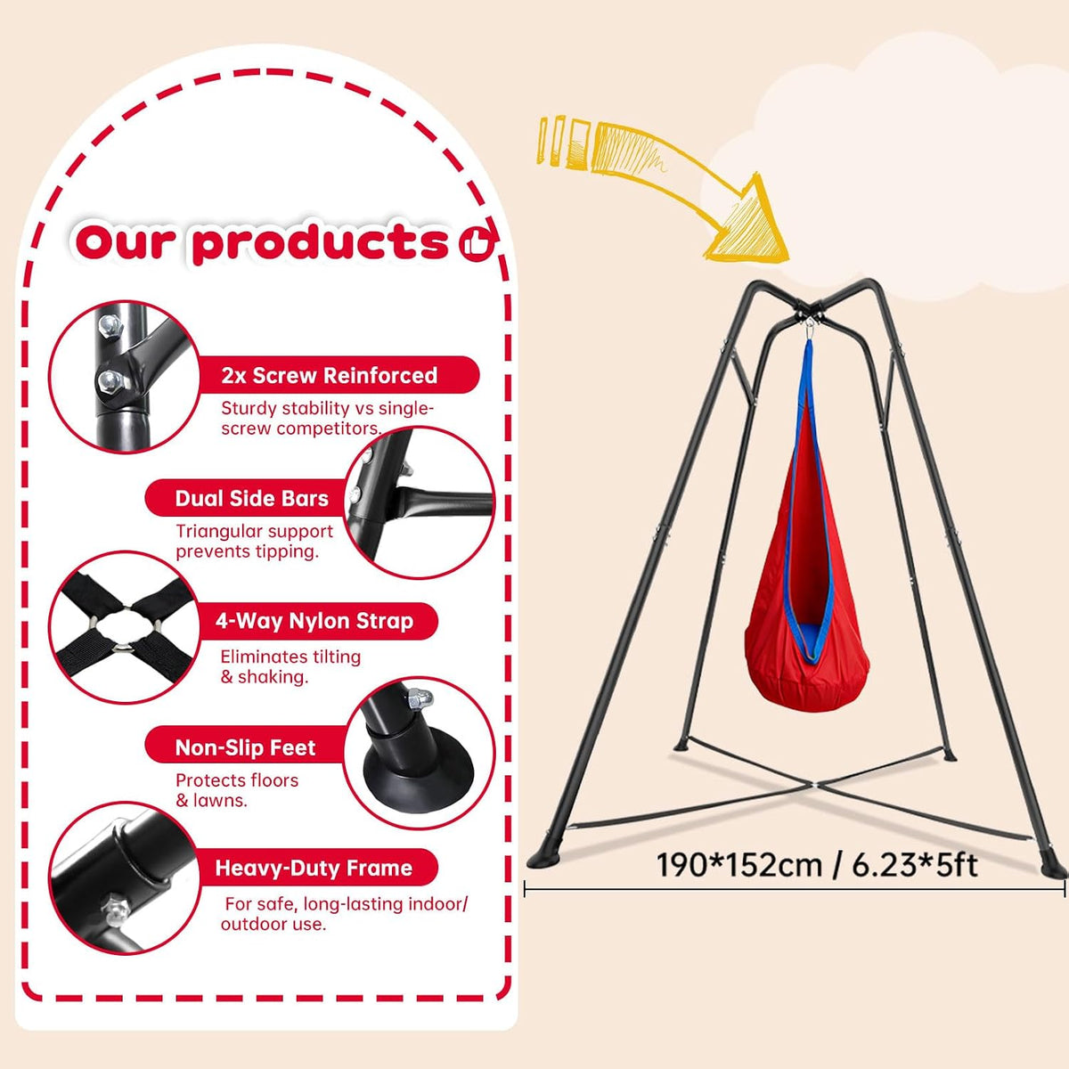 Sensory Swing Stand with Pod Swing, Metal Sensory Swing Set Frame for Indoor Outdoor Backyard (Red)
