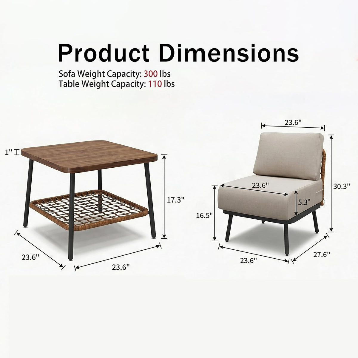 3-Piece Patio Conversation Set, Sectional Sofa with Coffee Table