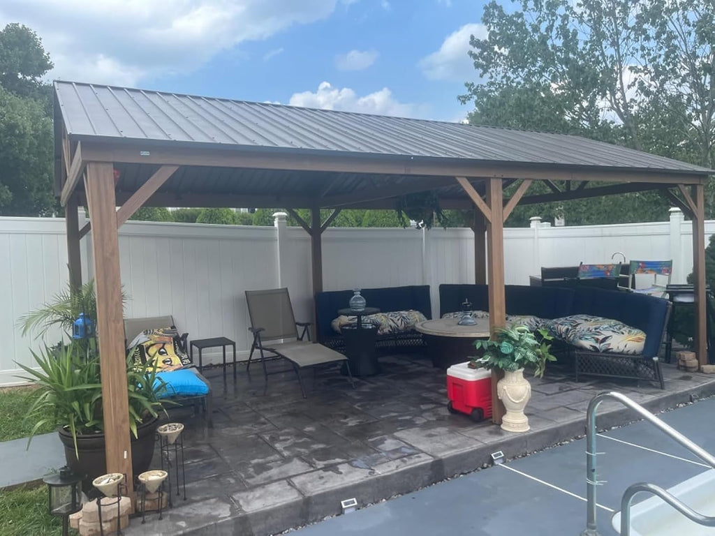 Domi 12’ x 20’ Hardtop Gazebo, Wooden Coated Aluminum Frame Canopy with Galvanized Steel Gable Roof, Outdoor Permanent Metal Pavilion for Patio, Deck and Lawn