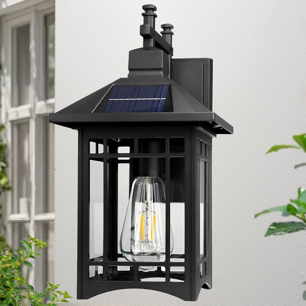 Solar Outdoor Wall Light，Exterior Lighting fixtures，Modern Black Exterior Light Fixture with Clear Glass Shade，Outdoor Solar Wall Lights Dusk to Dawn，for House Garage Doorway Patio