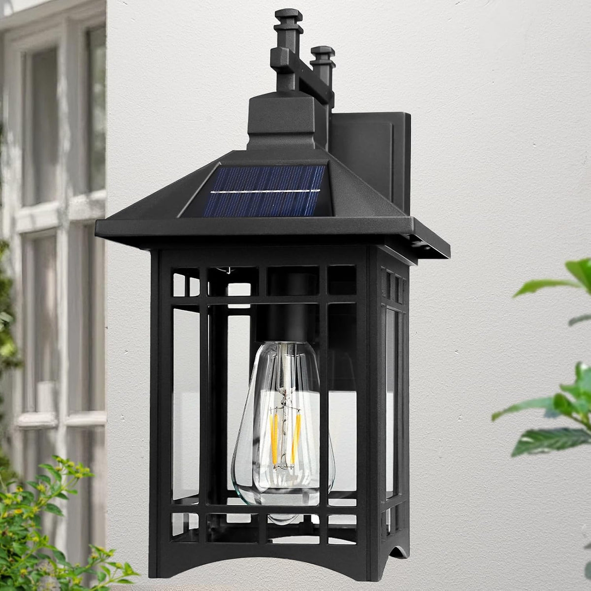 Solar Outdoor Wall Light，Exterior Lighting fixtures，Modern Black Exterior Light Fixture with Clear Glass Shade，Outdoor Solar Wall Lights Dusk to Dawn，for House Garage Doorway Patio