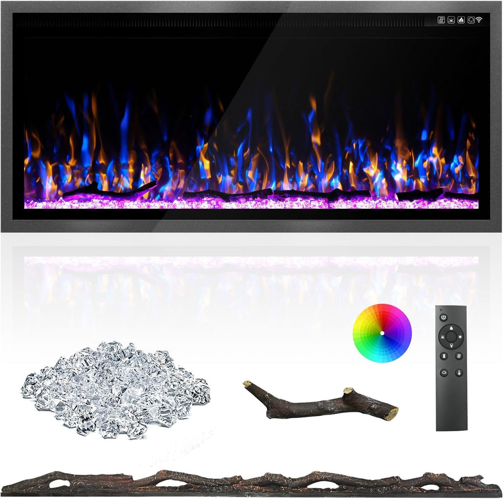 Kucreiheat 42 Inch Electric Fireplace Aluminum Frame-Ultra Silm Fireplace Recessed/Wall Mount, Log, Driftwood & Crystal Option, Wall Fireplace Electric w/Remote Control, Thermostat, Timer, 750w/1500w