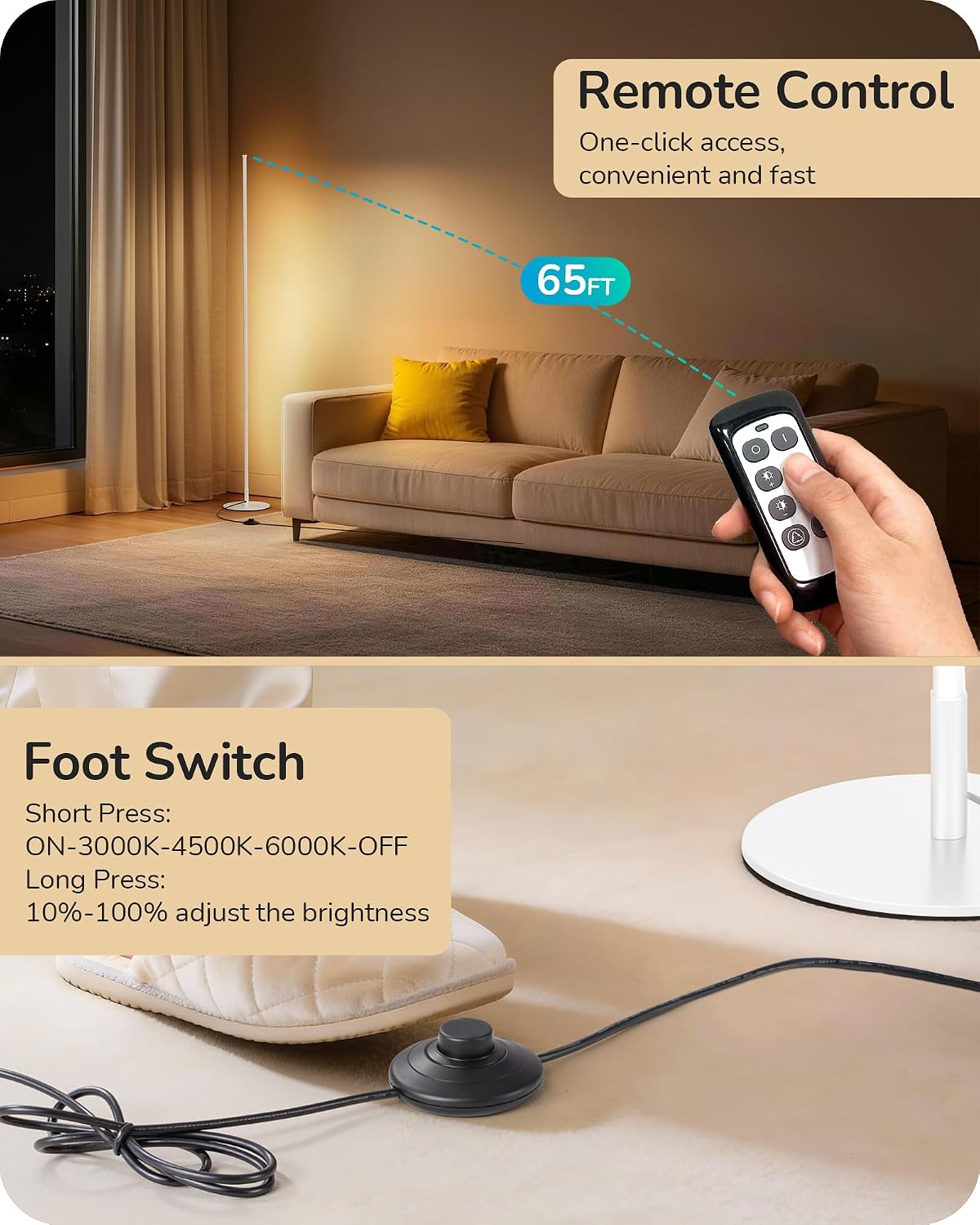 EDISHINE 59.8" Corner Lamp with Remote & 3 Height Settings, Dimmable & 3CCT
