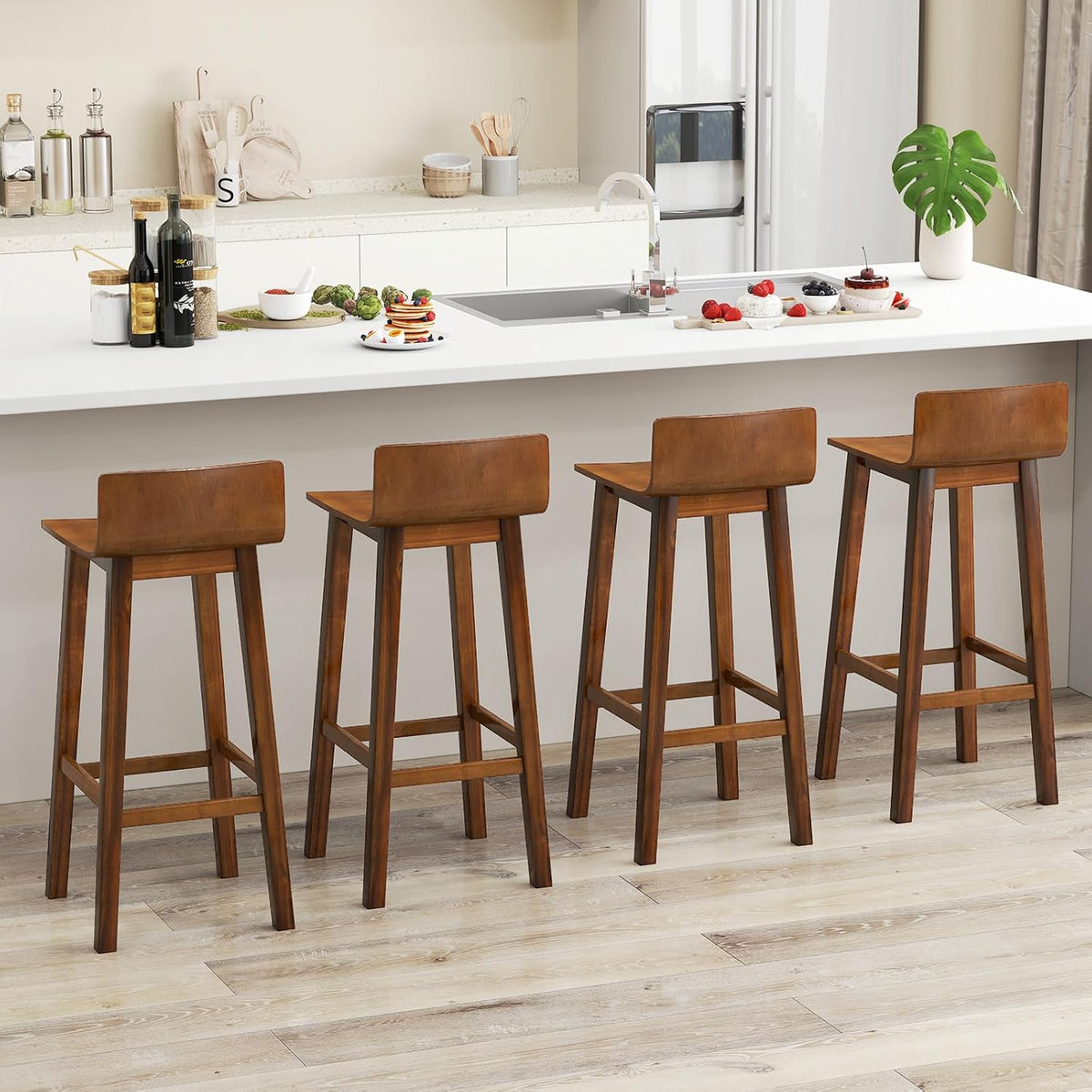 GIANTEX 29" Bar Stools Set of 2, Bar Height Bar Stools w/Low Back & Footrest, Farmhouse Wooden Bar Dining Chairs, Armless Wood Barstools for Kitchen Island, Pub, Cafe, Breakfast, Brown