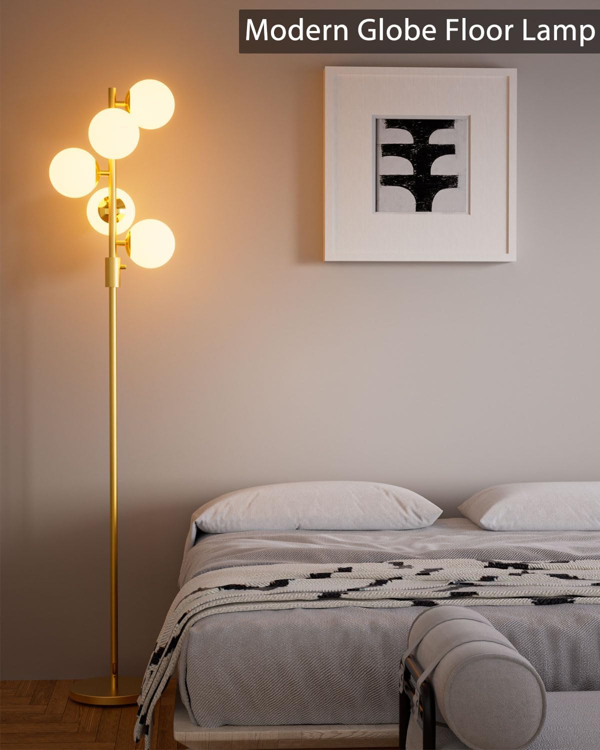 Dimmable Gold Globe Floor Lamp, 64IN Tall Standing Lamps with 5 Globe Warm White 3000K Bulbs, Mid Century Modern Floor Lamp with 5Lbs Heavy Base for Living Room Bedroom Sofa Beside Home Decor