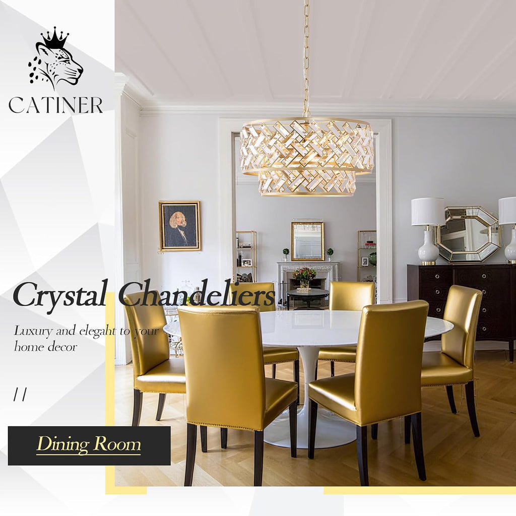 CATINER 20" Gold Crystal Chandelier, 6-Light Semi Flush Pendant