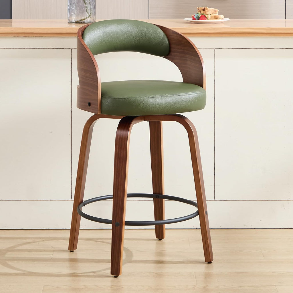 Swivel Bar Stools Set of 2,26" Faux Leather Upholstered Counter Height Barstools with Back,Mid-Century Modern Bar Chairs with Bentwood Legs and Footrest for Kitchen Island Bar Counter Green