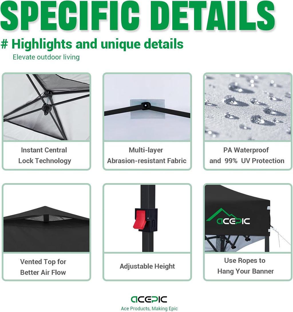 Acepic 10x10 Pop Up Canopy Tent, Easy Setup Portable Shelter, Black, 10*10