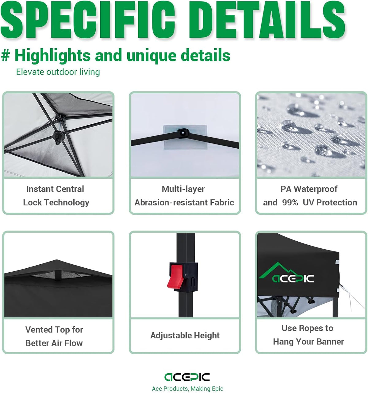 Acepic 10x10 Pop Up Canopy Tent, Easy Setup Portable Shelter, Black, 10*10