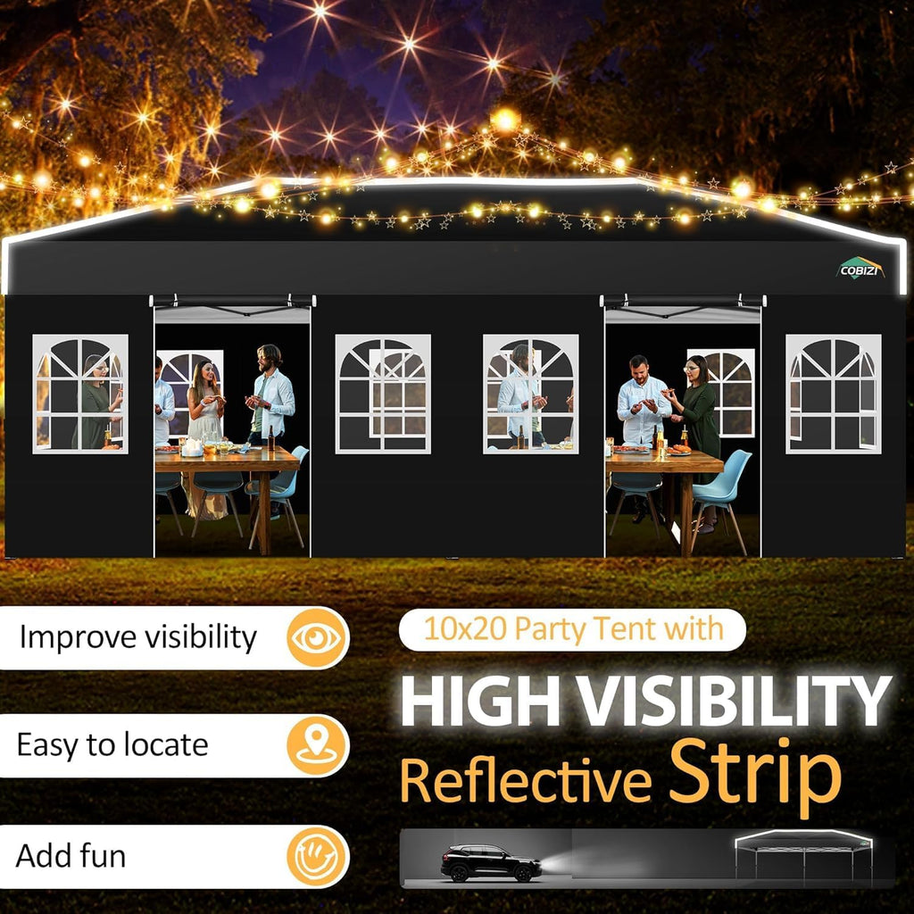 COBIZI 10x20 Pop Up Canopy with 6 Sidewalls One Push Setup, Black