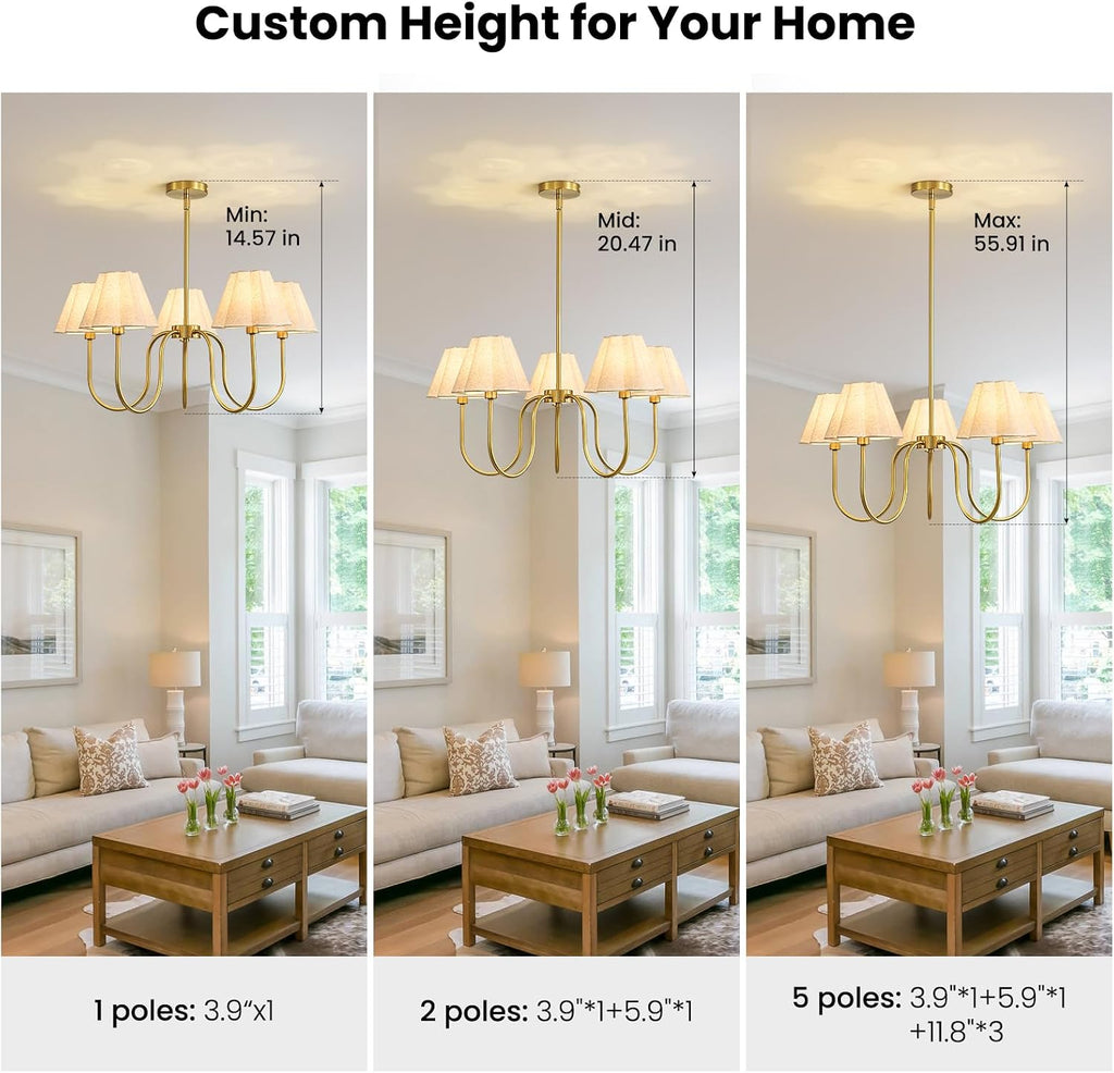 Brass Gold Chandeliers for Dining Room, 28"Light Adjustable Antique Modern Gold Chandelier Light Fixture with Scalloped Linen Fabric Shade, Classic Kitchen Pendant Lights over Table for Bedroom