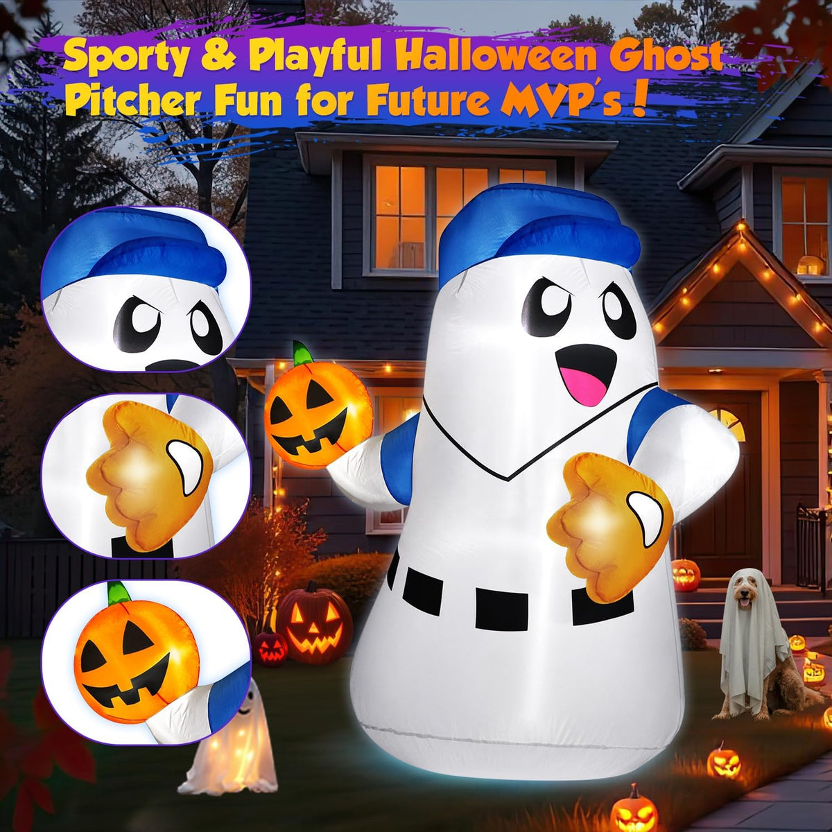 5FT Halloween Inflatables Ghost Pitcher with Pumpkin Baseball, Halloween Decoration Outdoor Blow Up Yard Decoration Built-in Bright LED Lights for Indoor & Outdoor Festival Yard Party