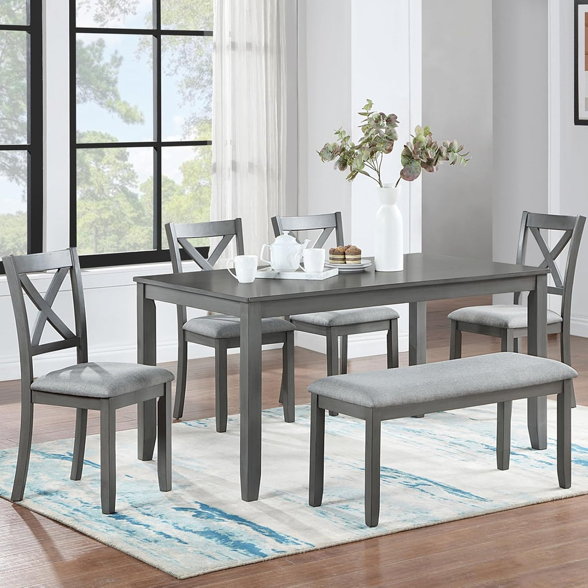 LUMISOL 6-Piece Dining Table Set with Bench, Farmhouse Solid Wood Kitchen Table Set with 4 Upholstered Chairs and Bench for Kitchen, Dining Room, Living Room, Grey