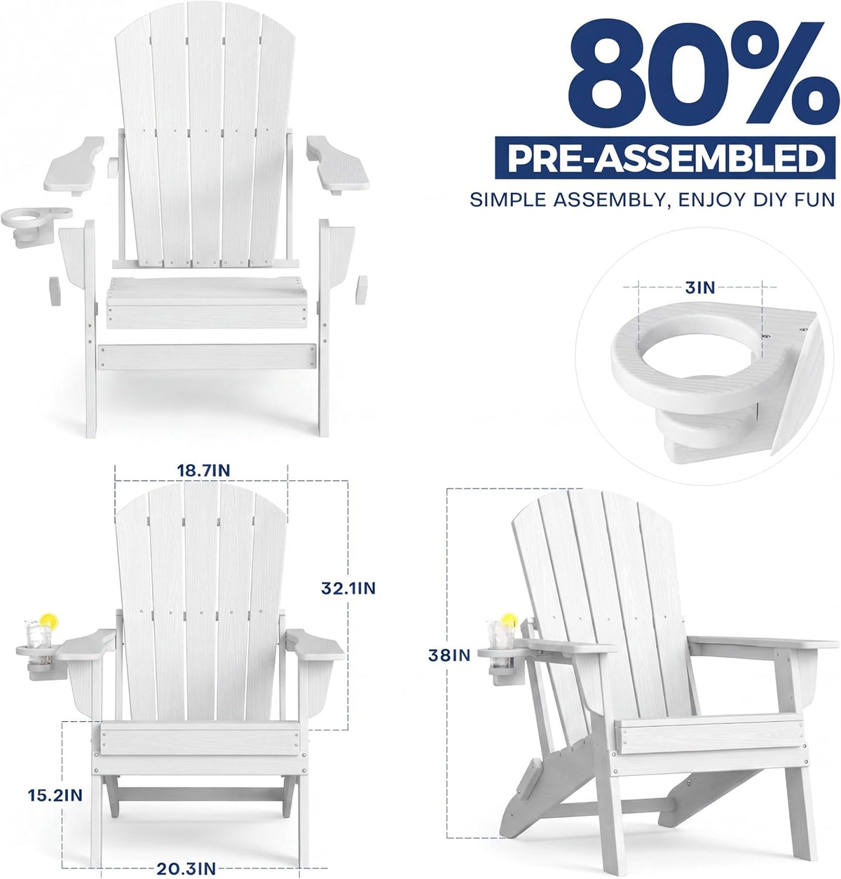 Plawdlik Folding Adirondack Chair Adjustable 3-Position Backrest, White