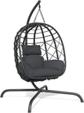Hanging Egg Chair with Stand Patio Wicker Rattan Swing Chair Hammock Egg Chair for Indoor & Outdoor 400lbs Capacity with Thickened Cushion for Bedroom Balcony Garden, Deep Grey