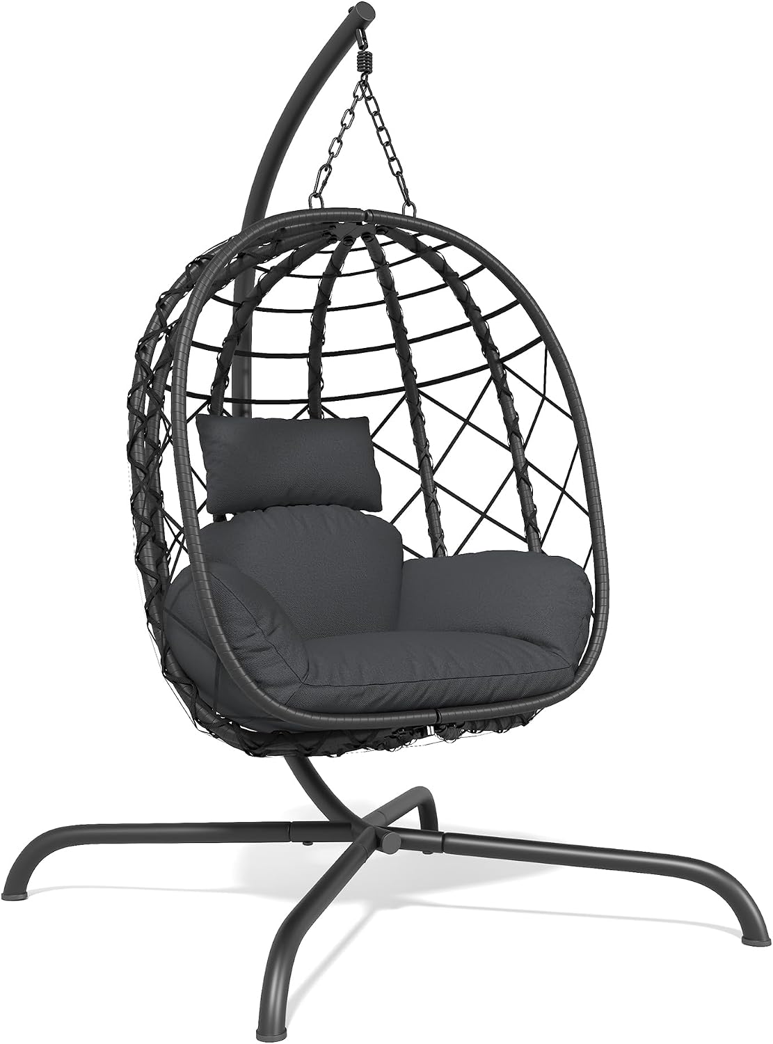 Hanging Egg Chair with Stand Patio Wicker Rattan Swing Chair Hammock Egg Chair for Indoor & Outdoor 400lbs Capacity with Thickened Cushion for Bedroom Balcony Garden, Deep Grey