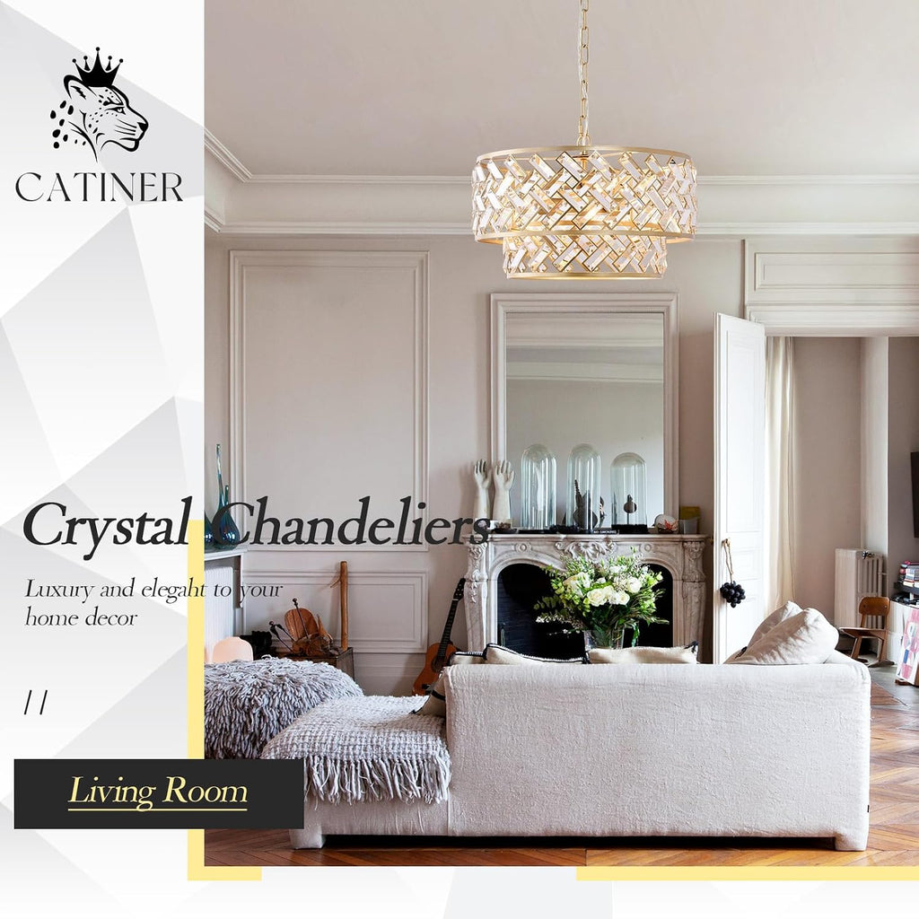 CATINER 20" Gold Crystal Chandelier, 6-Light Semi Flush Pendant