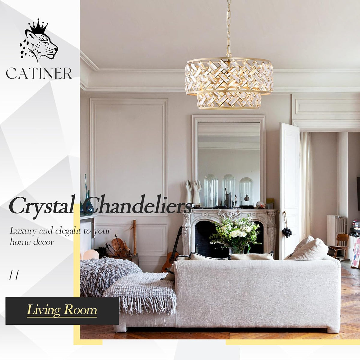 CATINER 20" Gold Crystal Chandelier, 6-Light Semi Flush Pendant