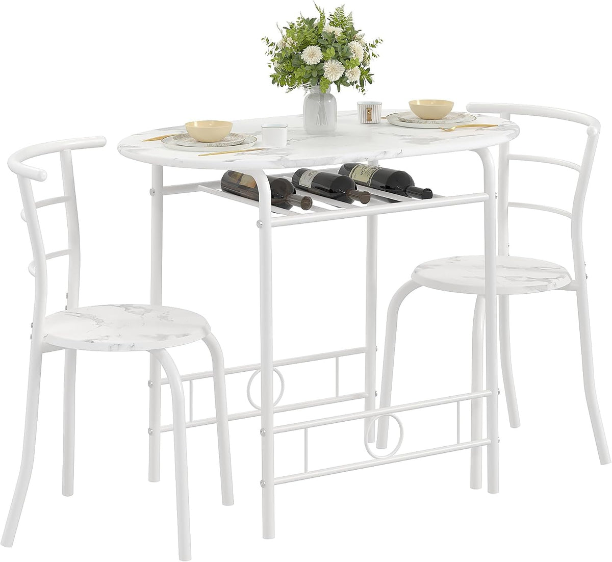 VECELO 3-Piece Dining Table Set for Kitchen Breakfast Nook, Faux Marbled Oval Tabletop and Metal Frame with Built-in Wine Rack, for Small Spaces, White