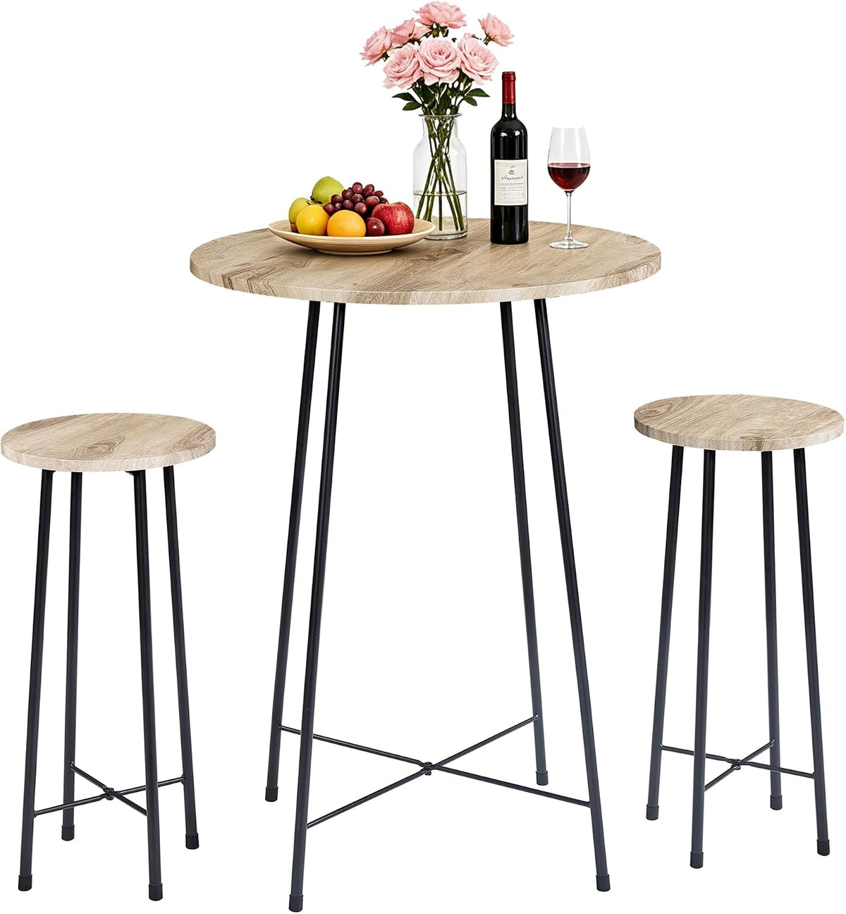 VECELO 3 Piece Pub Table and Chairs Sets Counter Height Bistro Bar Sets with 2 Barstools for Kitchen Breakfast Nook, Small Space, Apartment, Breakfast Dinner Restaurant, Maple