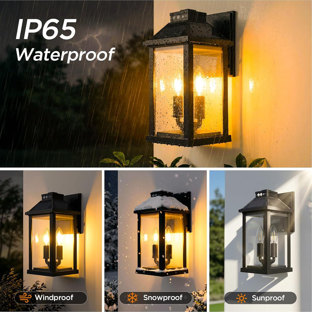 ropelux Solar Lights Outdoor Waterproof, 3 Modes Porch Lights, Motion Sensor Outside Light for House, Outdoor Wall Lights Lantern, Exterior Lighting Fixtures for Garden Patio Fence Yard Garage, 2Pack