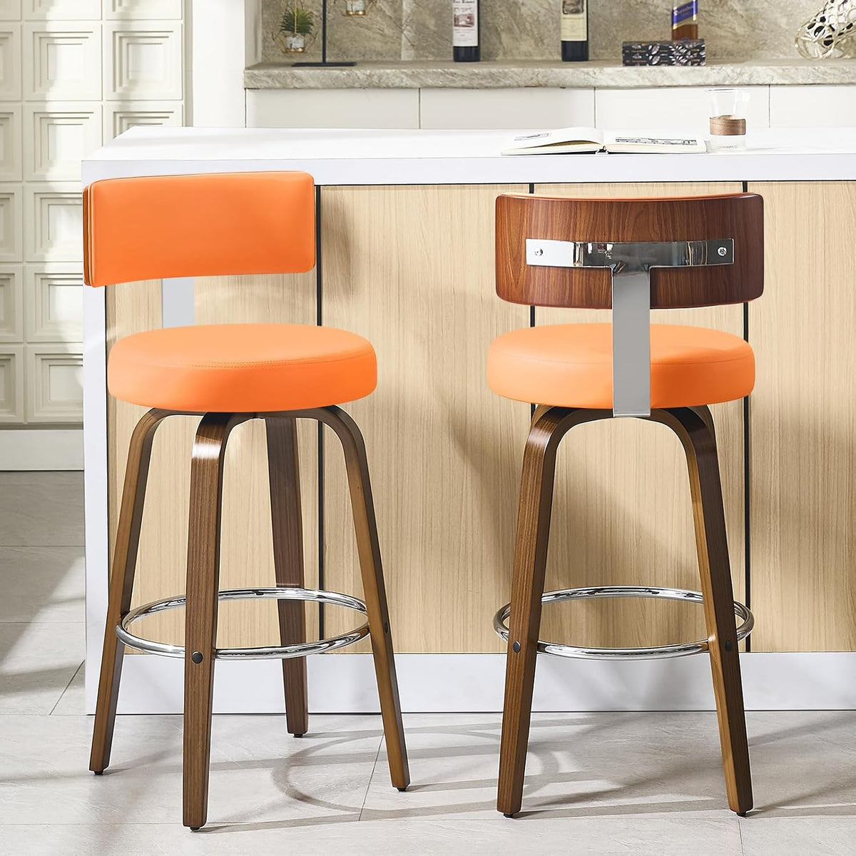 Bekrvio Swivel Counter Height Bar Stools Set of 2, Faux Leather Kitchen Stools Upholstered Barstools with Back, Walnut Wood Legs, Mid Century Island Chairs Counter Stools, 26" Seat Height, Orange