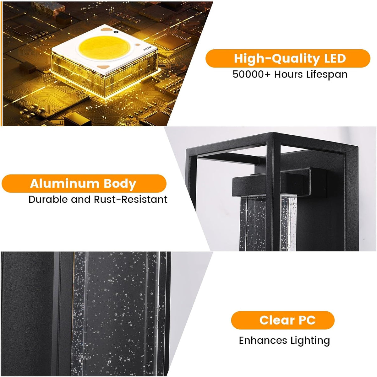 16 Inch Modern Outdoor Wall Sconce, Matte Black Waterproof Exterior Wall Light with Metal Frame and Crystal Bubble Glass, LED 3000K Warm White Lantern for Porch Garage Patio Lighting (1 Pack)