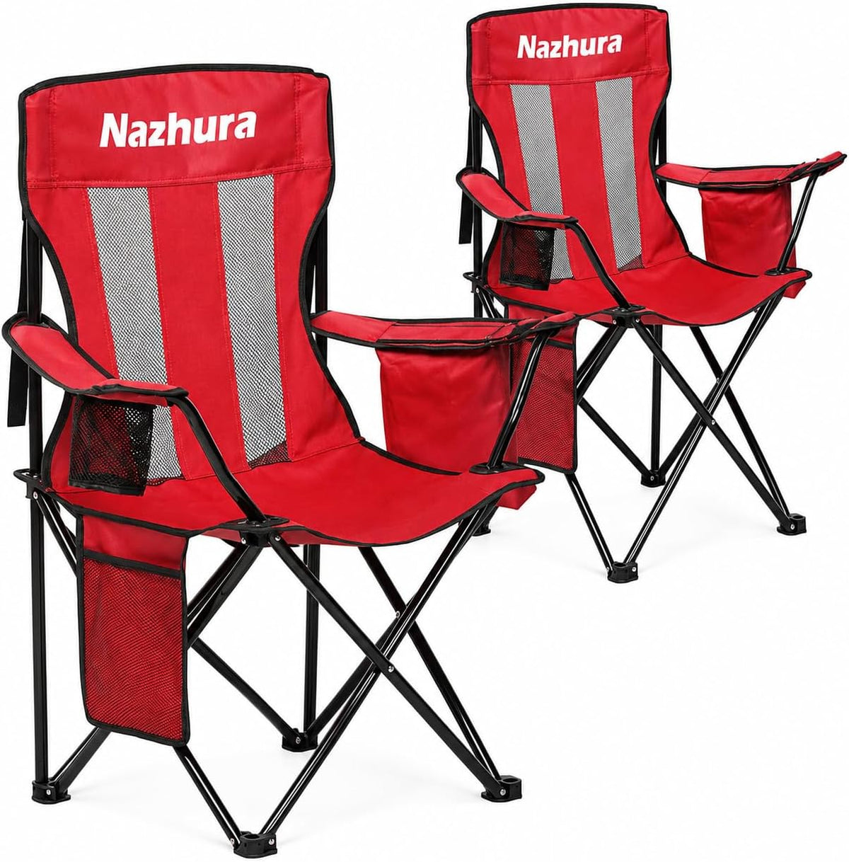 Nazhura 2 Pack Outdoor Camping Chairs Folding/Foldable/Portable with Cooler Pouch, Mesh Backrest and Cup Holder Pocket(Red, 2 Pack)